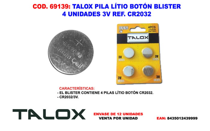 TALOX Pila de Litio CR2032 3V 240 mAh Blíster de 4 Unidades TALOX Pila de Litio CR2032 3V 240 mAh Blíster de 4 Unidades