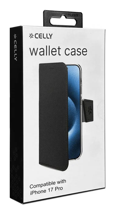Celly WALLY Funda cartera para Apple iPhone 17 Pro, 16 cm (6.3"), Imitación piel, Negro - Soporte sobremesa, Bolsillo para 3 tarjetas, Cierre magnético