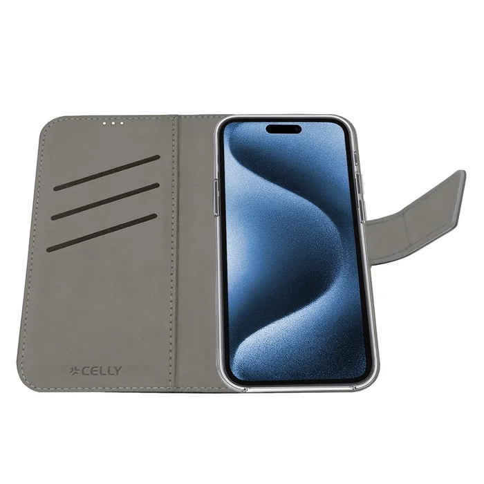 Celly WALLY Funda cartera para Apple iPhone 17 Pro, 16 cm (6.3"), Imitación piel, Negro - Soporte sobremesa, Bolsillo para 3 tarjetas, Cierre magnético