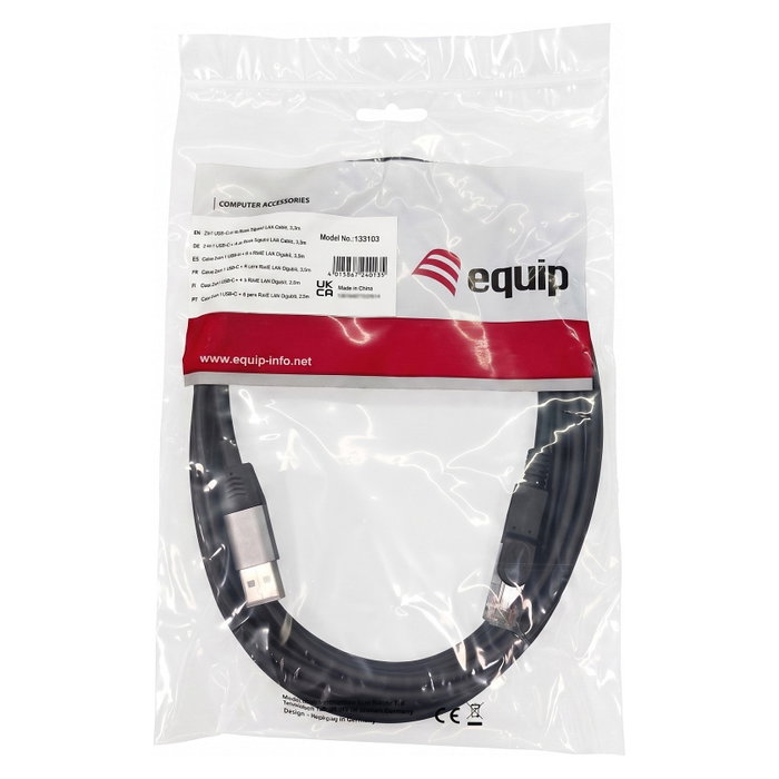 EQUIP Adaptador Gigabit USB-C + USB-A a RJ45, 3m, Negro