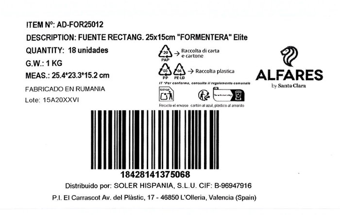 Alfares Fuente Rectangular Formentera Elite 25x15cm