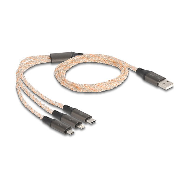 DeLOCK Cable USB de Carga RGB 3 en 1 Tipo-A a Lightning, Micro USB y USB Tipo-C 1.20 m para Múltiples Dispositivos