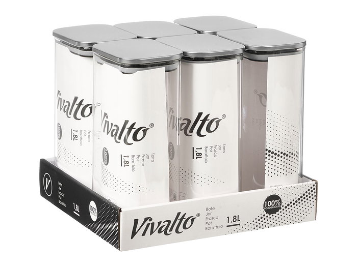 Vivalto Tarro Rectangular Borosilicato 1.8L Tapa Acero Transparente 22.5x22x8 cm (Set de 12)