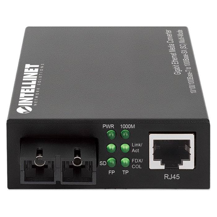 Intellinet 508544 Gigabit Media Converter SC Multimode 850 nm, 1 Puerto RJ-45, 2 Puertos Fibra SC, 550 m, Full-Duplex, IEEE 802.3, para Cable Cat5e UTP/STP, Carcasa de Metal