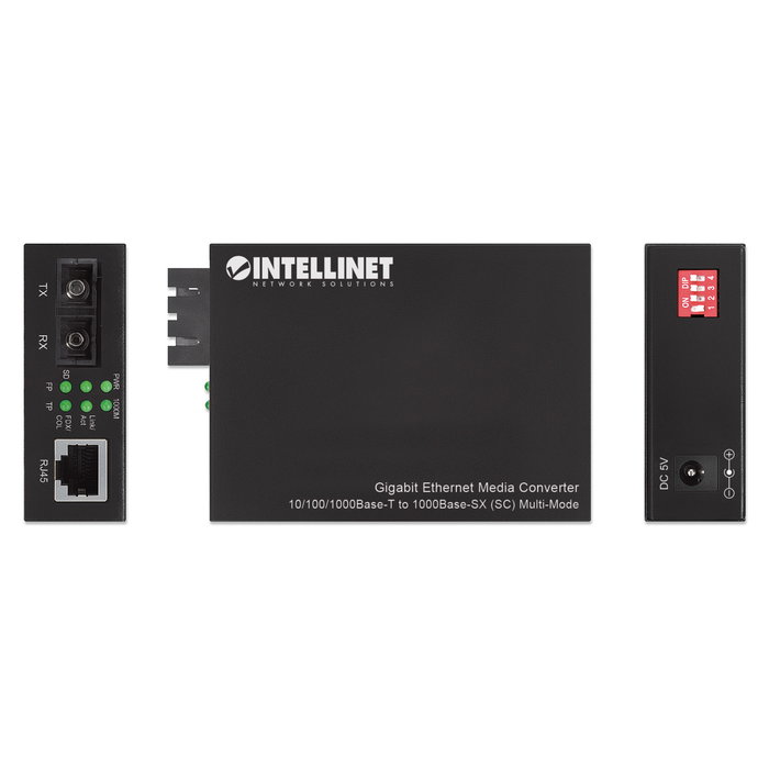 Intellinet 508544 Gigabit Media Converter SC Multimode 850 nm, 1 Puerto RJ-45, 2 Puertos Fibra SC, 550 m, Full-Duplex, IEEE 802.3, para Cable Cat5e UTP/STP, Carcasa de Metal