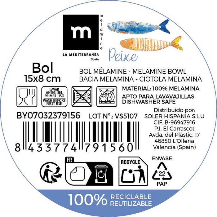 La Mediterranea Bol Mel Brillo Peixe 15x8cm