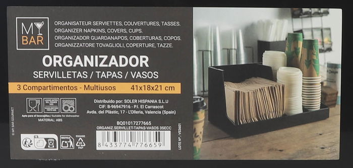 My Bar Organizador de Servilletas, Tapas y Vasos con 3 Secciones - 41 cm (Ancho) x 21 cm (Largo) x 19 cm (Alto) (6 Unidades)