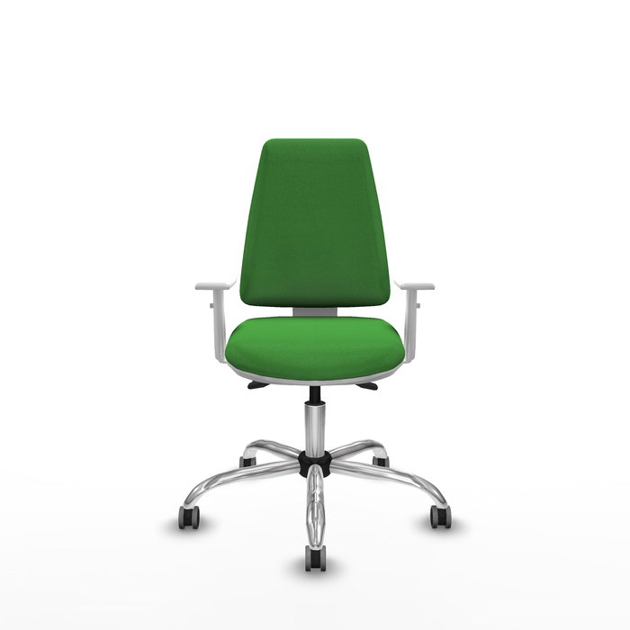 Silla de oficina Elche con mecanismo Asincro tapizada con Tela color Verde. Equipada con Base cromada, Reposabrazos blancos y Ruedas 65 mm parqué