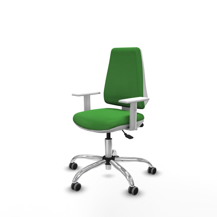 Silla de oficina Elche con mecanismo Asincro tapizada con Tela color Verde. Equipada con Base cromada, Reposabrazos blancos y Ruedas 65 mm parqué