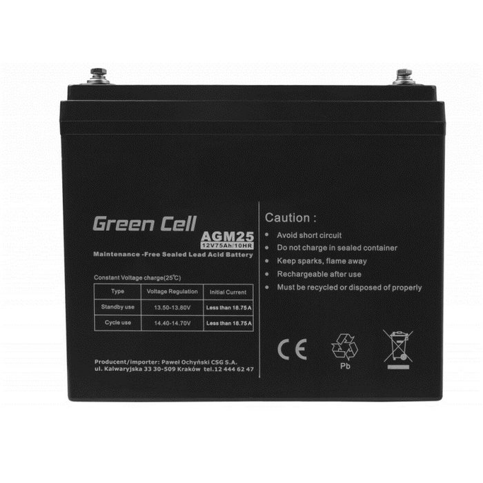 Green Cell AGM25 Batería de Ácido de Plomo Sellado 12V 75Ah