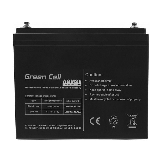 Green Cell AGM25 Batería Plomo-Ácido Sellada (VRLA), 12 V, 75 Ah, 21.3 kg, Negro, 5 Años