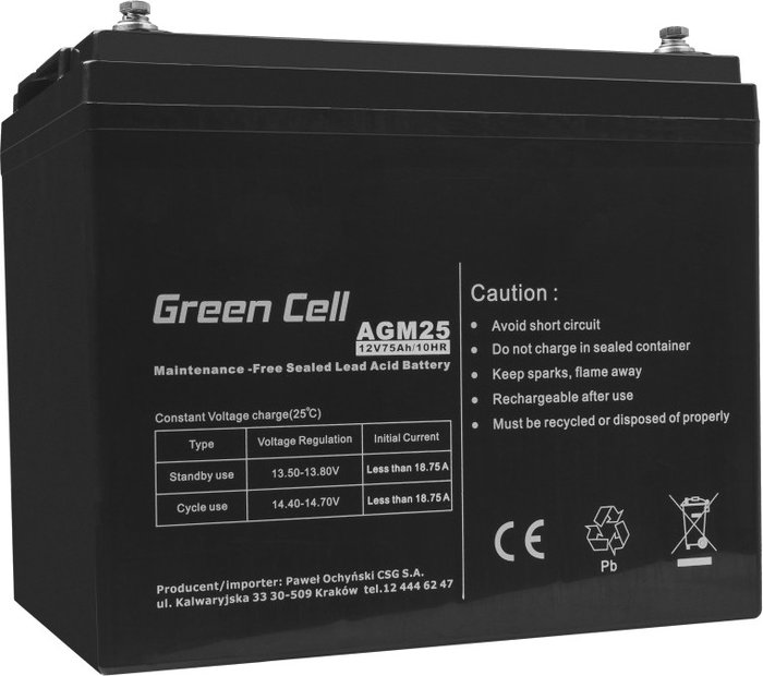 Green Cell AGM25 Batería de Ácido de Plomo Sellado 12V 75Ah