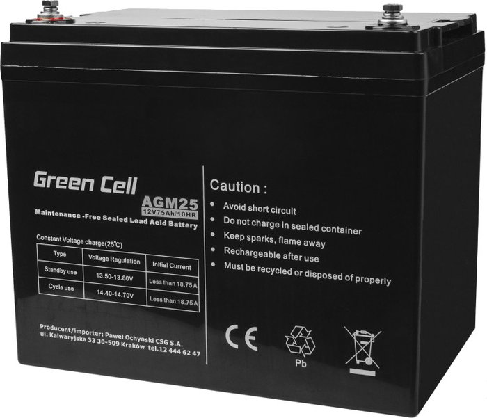 Green Cell AGM25 Batería de Ácido de Plomo Sellado 12V 75Ah