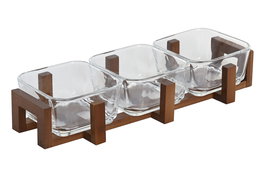 DKD Home Decor Set de 3 Bandejas Aperitivos de Cristal y Acacia, 12x6x32 cm, 300 ml, Transparente y Natural