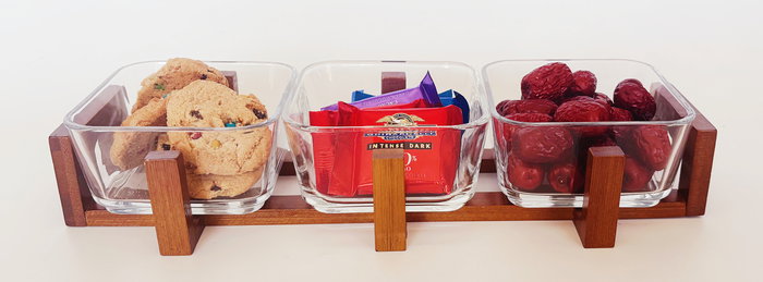 DKD Home Decor Set de 3 Bandejas Aperitivos de Cristal y Acacia, 12x6x32 cm, 300 ml, Transparente y Natural