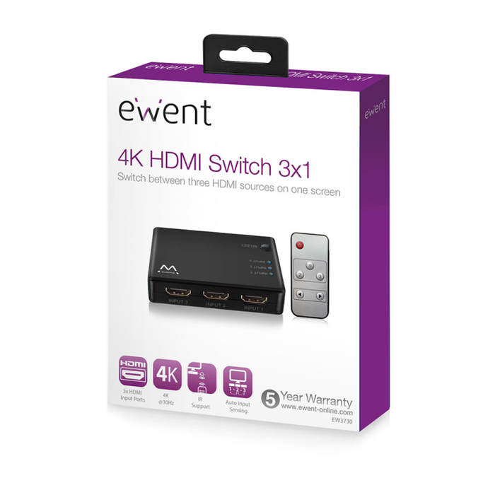 EWENT EW3730 Conmutador de Video HDMI Negro, 4 Puertos HDMI, 3 Entradas, 1 Salida, Soporta 2160p, Resolución 3840 x 2160 Pixeles
