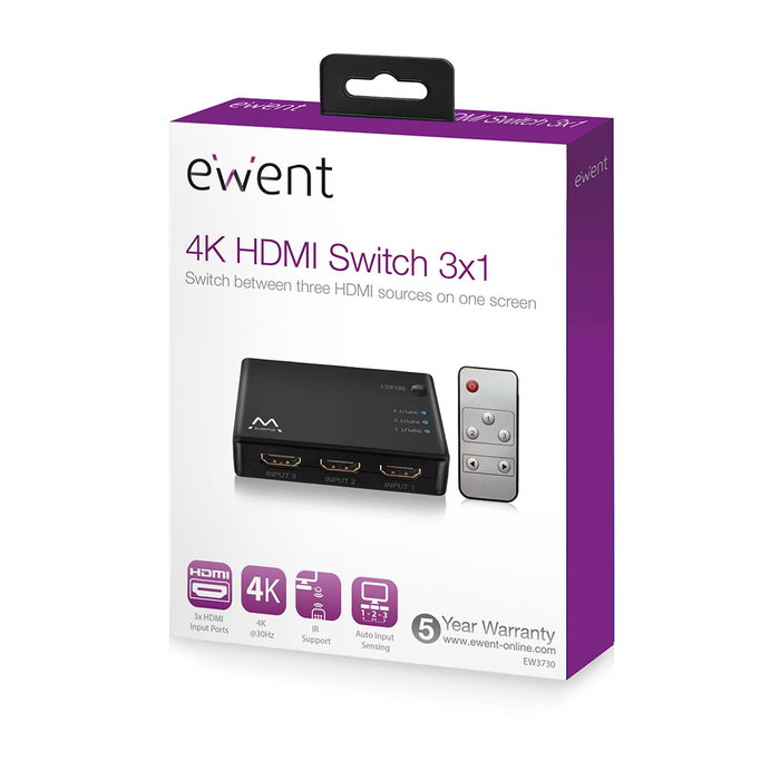 Ewent EW1282 Switch HDMI 4K 3x1 con Mando a Distancia