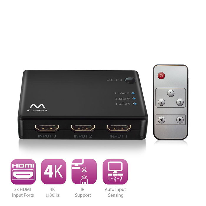 Ewent EW1282 Switch HDMI 4K 3x1 con Mando a Distancia
