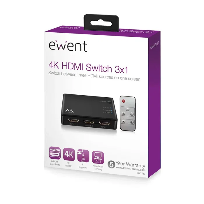 Ewent EW3730 Conmutador HDMI 3 Entradas 1 Salida 4K/UHD 2160p con Mando a Distancia, Negro