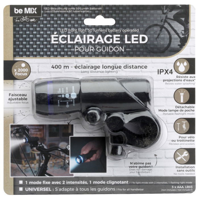 Be Mix Luz Led Delantera para Bici, Patinete y Moto 2000 Lúmenes, Resistente a Salpicaduras, Ajustable
