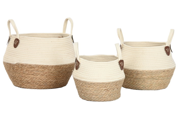 DKD Home Decor Set de 3 Cestos de Fibra y Algodón Crema DKD Home Decor Set de 3 Cestos de Fibra y Algodón Crema