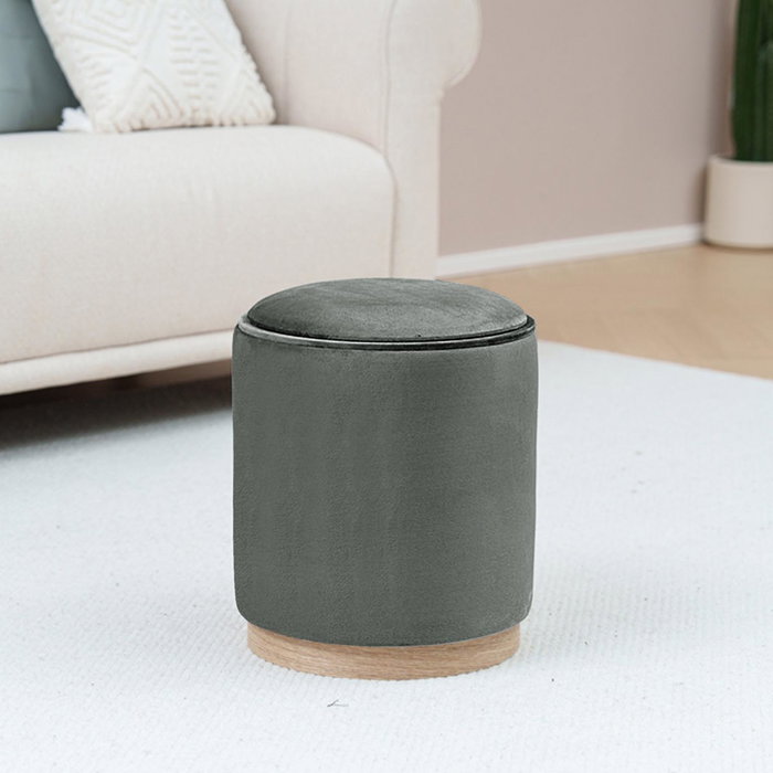 Versa Puff con almacenamiento y bandeja en velvet gris, madera MDF y poliéster, 41x34x34 cm