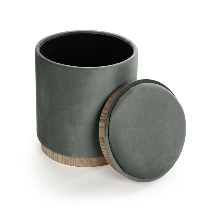 Versa Puff con almacenamiento y bandeja en velvet gris, madera MDF y poliéster, 41x34x34 cm