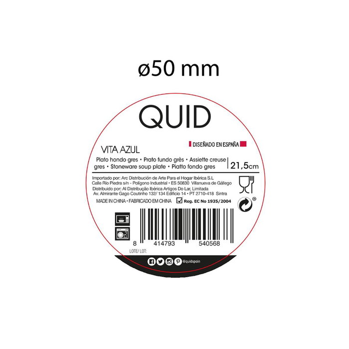 Plato Hondo Cerámico Vita Azul Quid 21,5 cm
