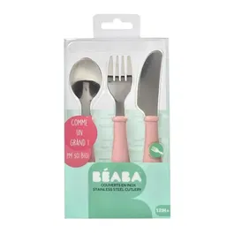 Beaba Set 3 Cubiertos Aprendizaje Acero Inoxidable Rosa Cuchara Tenedor Cuchillo Formas Redondeadas