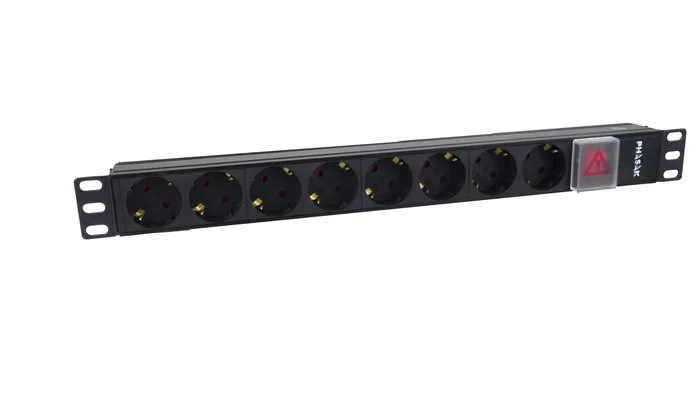 PHASAK BNS 1520 Regleta de Alimentación para Rack 19" 1U con 8 Tomas Schuko (16A/250V), Interruptor, Cable de 3m y Construcción en Aluminio - Negro