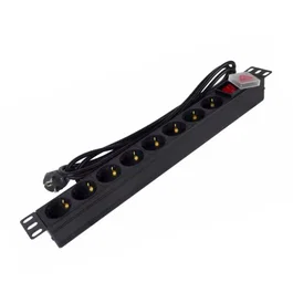 PHASAK BNS 1520 Regleta de Alimentación para Rack 19" 1U con 8 Tomas Schuko (16A/250V), Interruptor, Cable de 3m y Construcción en Aluminio - Negro