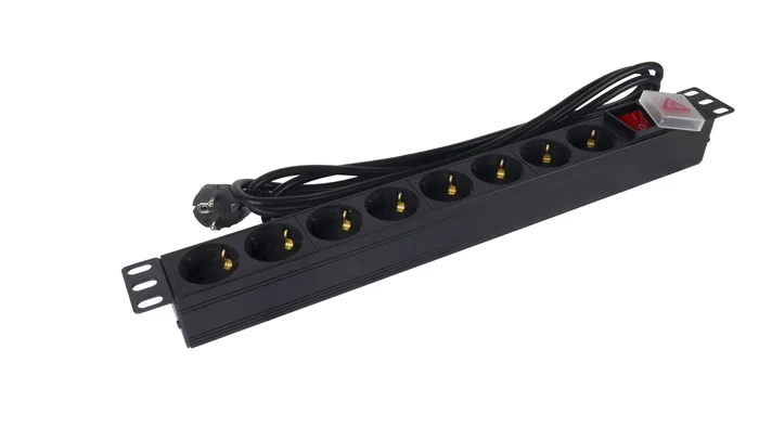 PHASAK BNS 1520 Regleta de Alimentación para Rack 19" 1U con 8 Tomas Schuko (16A/250V), Interruptor, Cable de 3m y Construcción en Aluminio - Negro