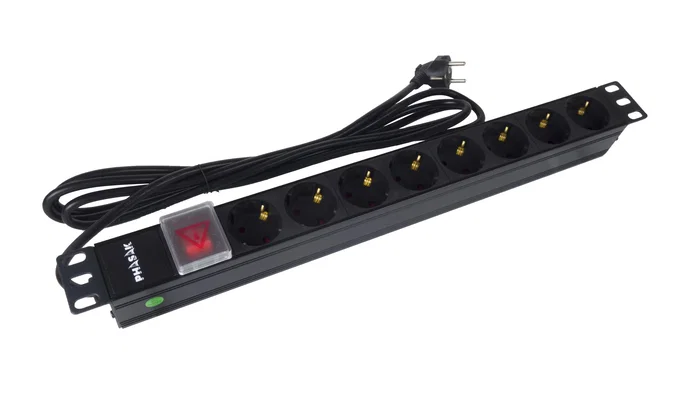 PHASAK BNS 1520 Regleta de Alimentación para Rack 19" 1U con 8 Tomas Schuko (16A/250V), Interruptor, Cable de 3m y Construcción en Aluminio - Negro