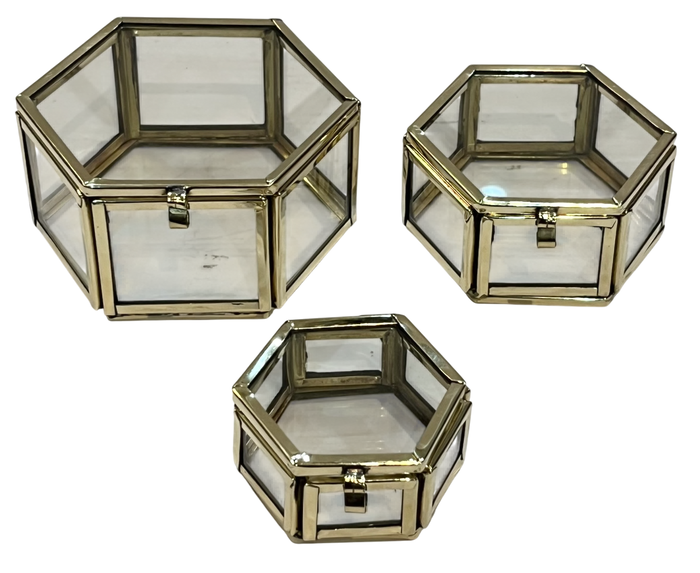 DKD Home Decor Joyero Moderno Dorado Latón y Cristal Set de 3 (4 Unidades) 7 x 4 x 7 cm