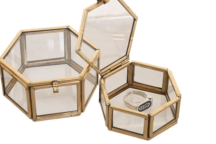 DKD Home Decor Joyero Moderno Dorado Latón y Cristal Set de 3 (4 Unidades) 7 x 4 x 7 cm