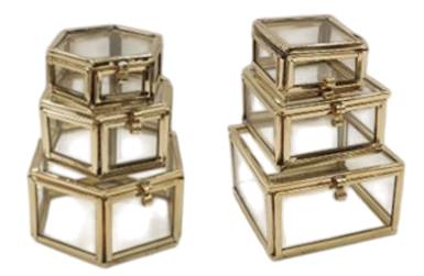 DKD Home Decor Joyero Moderno Dorado Latón y Cristal Set de 3 (4 Unidades) 7 x 4 x 7 cm