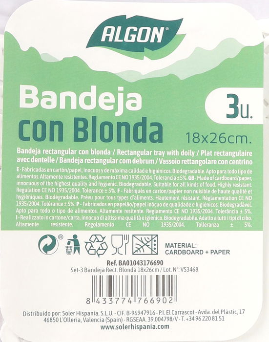 Algon Set de 3 Bandejas Rectangulares de Blonda 18 cm x 26 cm (24 Unidades)