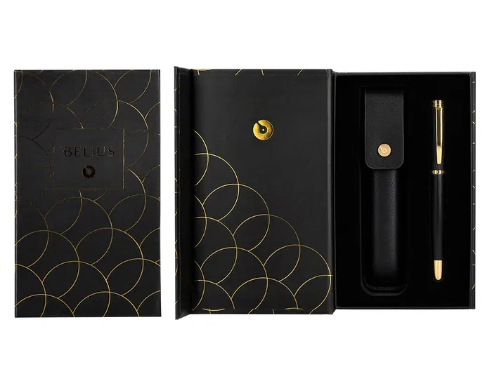 Belius Passion d'or Bolígrafo y Estuche de Aluminio Negro y Dorado con Tinta Azul