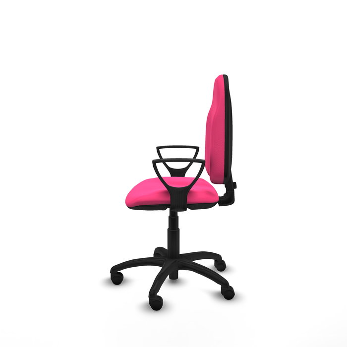 Silla de oficina Algarra con mecanismo Contacto permanente básico tapizada con Similpiel color Rosa. Equipada con Base poliamida negra, Brazos fijos y Ruedas de nailon 50 mm