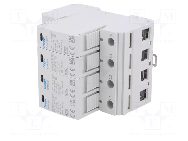 HAGER Limitador de sobretensiones Tipo 1+2 de 4 polos 50kA 1,5kV HAGER Limitador de sobretensiones Tipo 1+2 de 4 polos 50kA 1,5kV