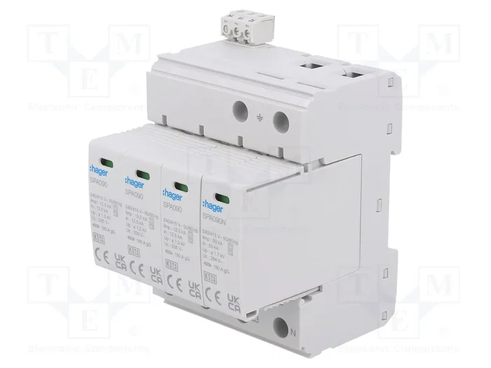 HAGER Limitador de sobretensiones Tipo 1+2 de 4 polos 50kA 1,5kV HAGER Limitador de sobretensiones Tipo 1+2 de 4 polos 50kA 1,5kV