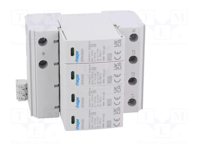 HAGER Limitador de sobretensiones Tipo 1+2 de 4 polos 50kA 1,5kV HAGER Limitador de sobretensiones Tipo 1+2 de 4 polos 50kA 1,5kV