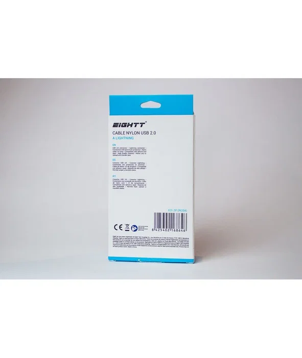 Eightt Cable USB A a Lightning 1m ECI-2P/ECI-2G para iPhone, Nylon Trenzado Rosa, Carga y Datos USB 2.0, Conector Metálico