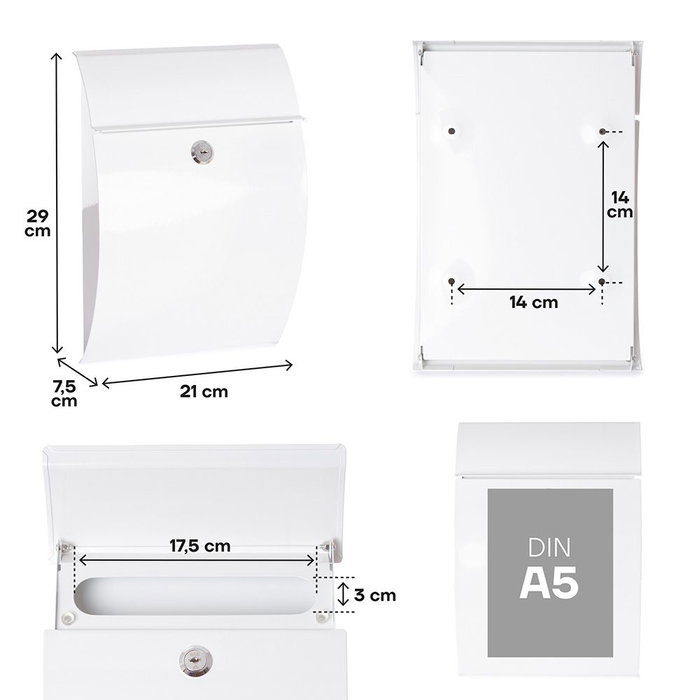 Arregui Buzón Exterior Galán Individual en Acero Galvanizado Lacado en Blanco con Tarjetero y 2 Llaves - Tamaño S (A5), Medidas 21 x 7.5 x 29 cm