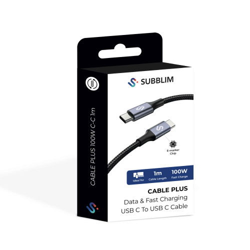 Subblim SUBCAB-C10010 Cable USB C a USB C 1m 100W Carga Rápida PD 3.0 QC 3.0 Compatible con iPhone Samsung MacBook iPad Pixel Color Blanco