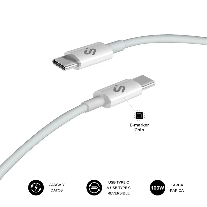 Subblim Cable USB-C a USB-C 100W 1m Blanco - Carga Rápida PD 3.0 y QC 3.0 con Chip E-Marker, Compatible con iPhone 15, Samsung Galaxy S24, MacBook Pro
