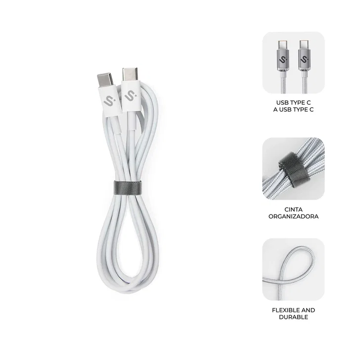 Subblim Cable USB-C a USB-C 100W 1m Blanco - Carga Rápida PD 3.0 y QC 3.0 con Chip E-Marker, Compatible con iPhone 15, Samsung Galaxy S24, MacBook Pro