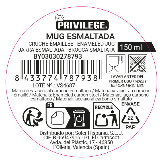 Inde Mug Esmaltada Blanca Bike 150 ml (Ancho: 6.7 cm, Alto: 6.1 cm, Largo: 7.7 cm) (24 Unidades)