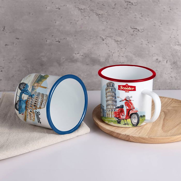 Inde Mug Esmaltada Blanca Bike 150 ml (Ancho: 6.7 cm, Alto: 6.1 cm, Largo: 7.7 cm) (24 Unidades)