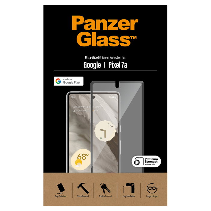 PanzerGlass Protector de Pantalla de Vidrio Templado para Google Pixel 7a Ultra Wide Fit, Antirrayaduras, Antibacteriano, Aplicación Sencilla en Seco sin Burbujas - 1 Unidad